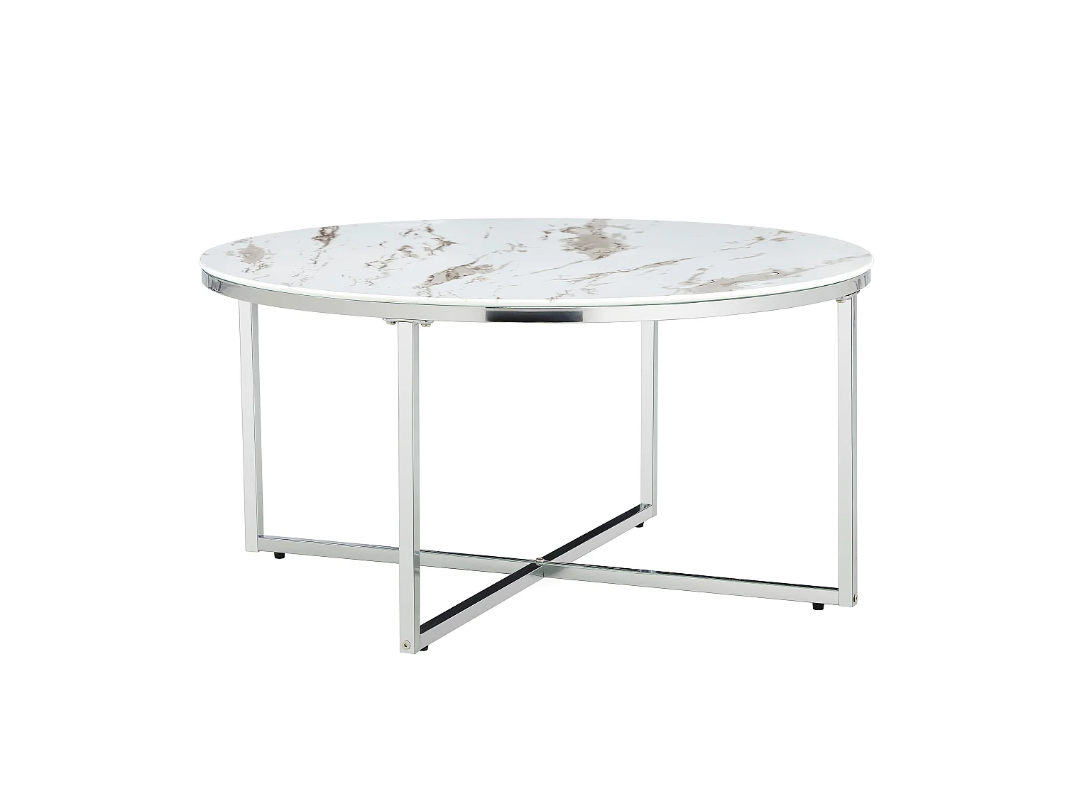 Table Basse LORIE Ronde Plateau Verre Trempé Marbré Blanc Structure Métal Chrome D90x45cm