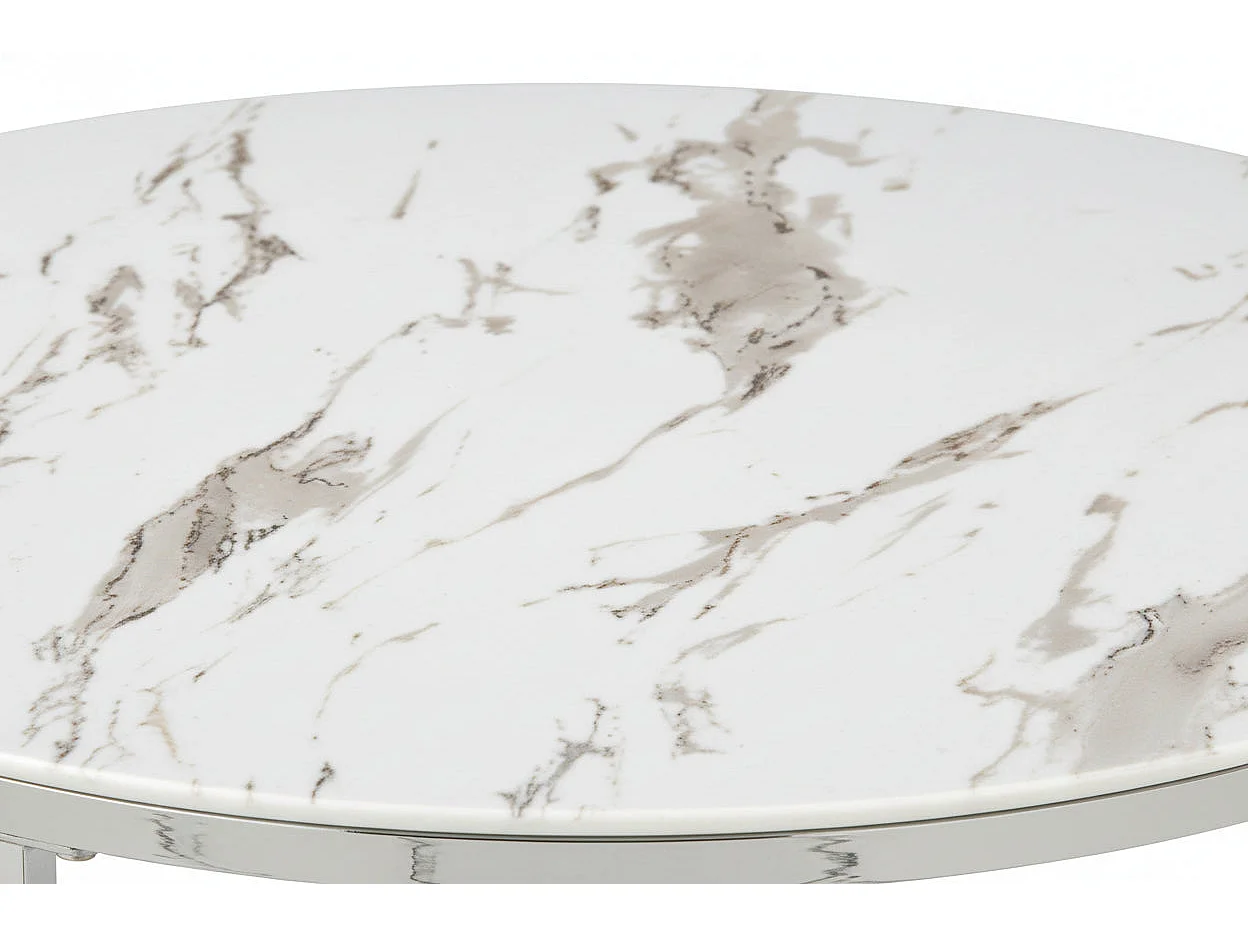 Table Basse LORIE Ronde Plateau Verre Trempé Marbré Blanc Structure Métal Chrome D90x45cm