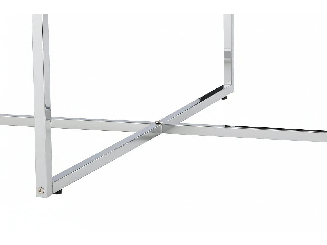 Table Basse LORIE Ronde Plateau Verre Trempé Marbré Blanc Structure Métal Chrome D90x45cm
