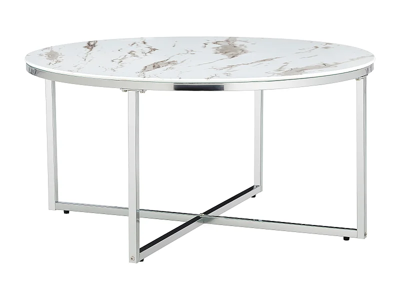 Table Basse LORIE Ronde Plateau Verre Trempé Marbré Blanc Structure Métal Chrome D90x45cm