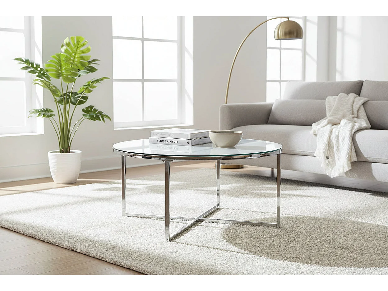 Table Basse LORIE Ronde Plateau Verre Trempé Miroir Structure Métal Chrome D90x45cm