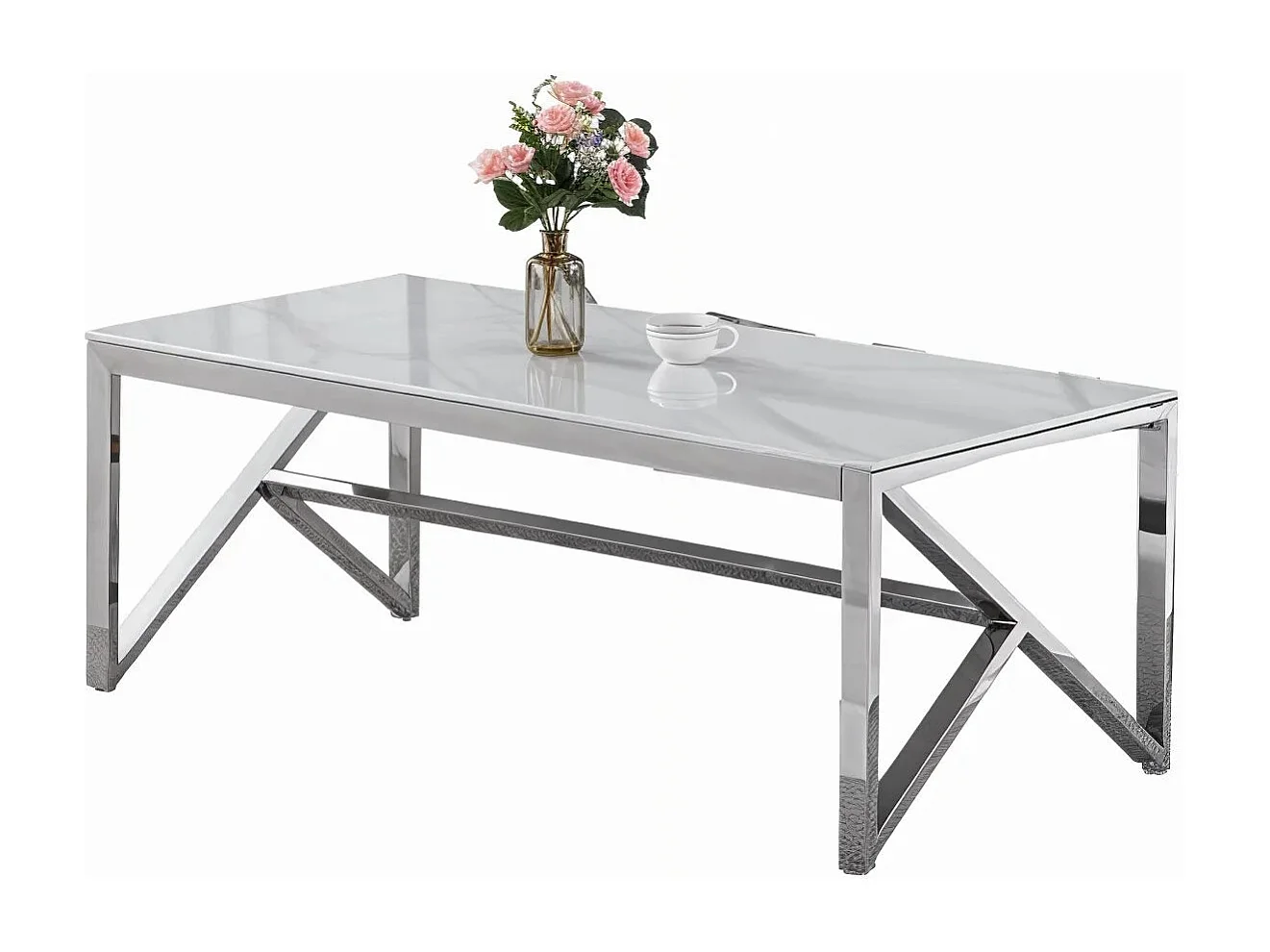 Table Basse MAJESTIQUE Rectangle Plateau Verre Trempé Marbré Blanc Pieds Chrome 120x60x45cm