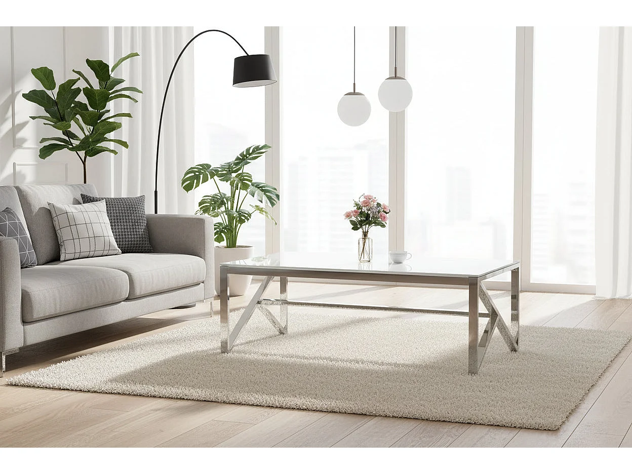 Table Basse MAJESTIQUE Rectangle Plateau Verre Trempé Marbré Blanc Pieds Chrome 120x60x45cm