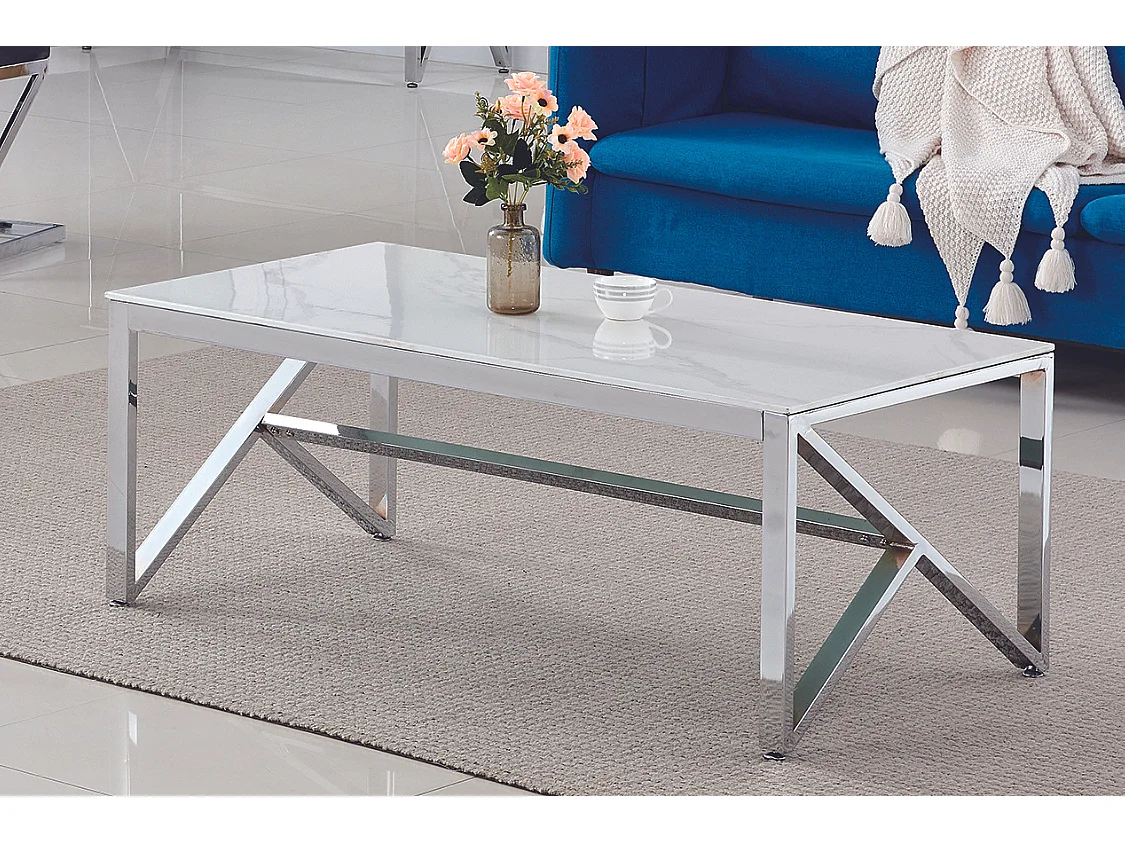 Table Basse MAJESTIQUE Rectangle Plateau Verre Trempé Marbré Blanc Pieds Chrome 120x60x45cm