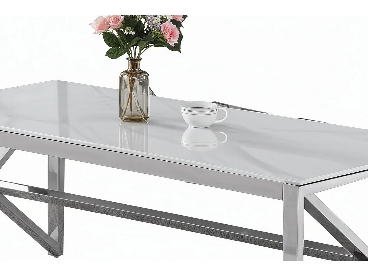 Table Basse MAJESTIQUE Rectangle Plateau Verre Trempé Marbré Blanc Pieds Chrome 120x60x45cm