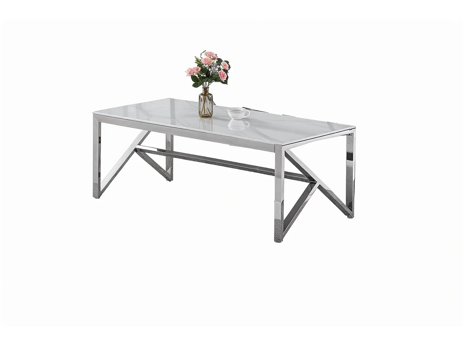 Table Basse Rectangle Verre Trempé Marbré Blanc 120x60x45cm MAJESTIQUE