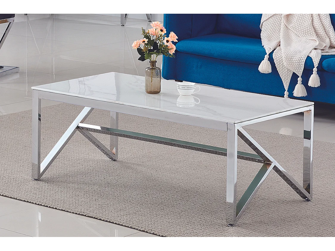 Table Basse Rectangle Verre Trempé Marbré Blanc 120x60x45cm MAJESTIQUE