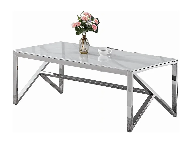 Table Basse MAJESTIQUE Rectangle Plateau Verre Trempé Marbré Blanc Pieds Chrome 120x60x45cm
