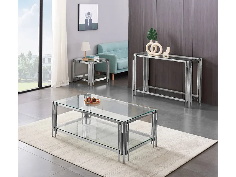 Table Basse FLUTE Chrome et plateau en verre 120x60x45 cm