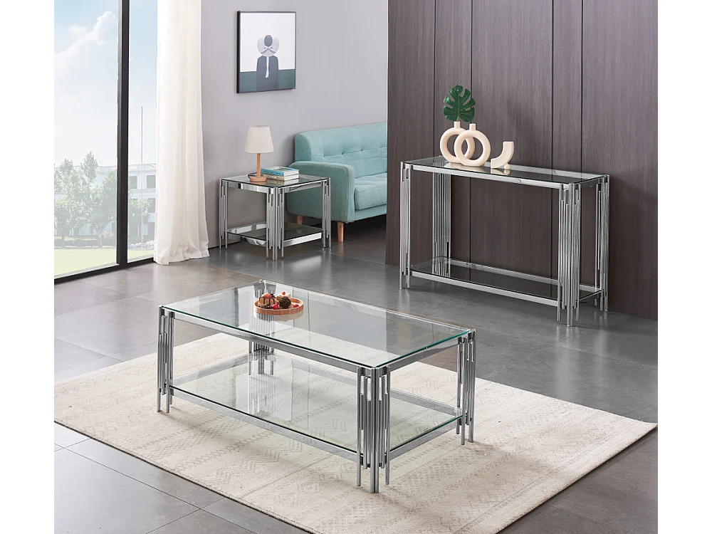 Table Basse FLUTE Chrome et plateau en verre 120x60x45 cm