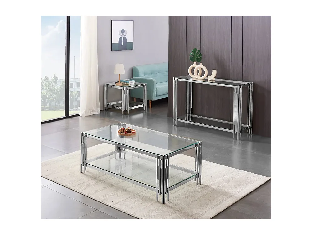 Table Basse FLUTE Chrome et plateau en verre 120x60x45 cm