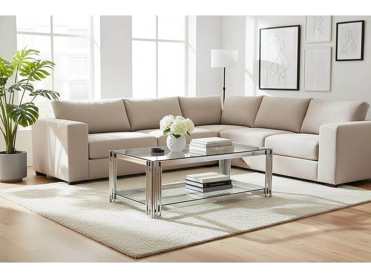 Table Basse FLUTE Rectangle Double Plateau Verre Trempé Transparent Structure Chrome 120x60x45cm