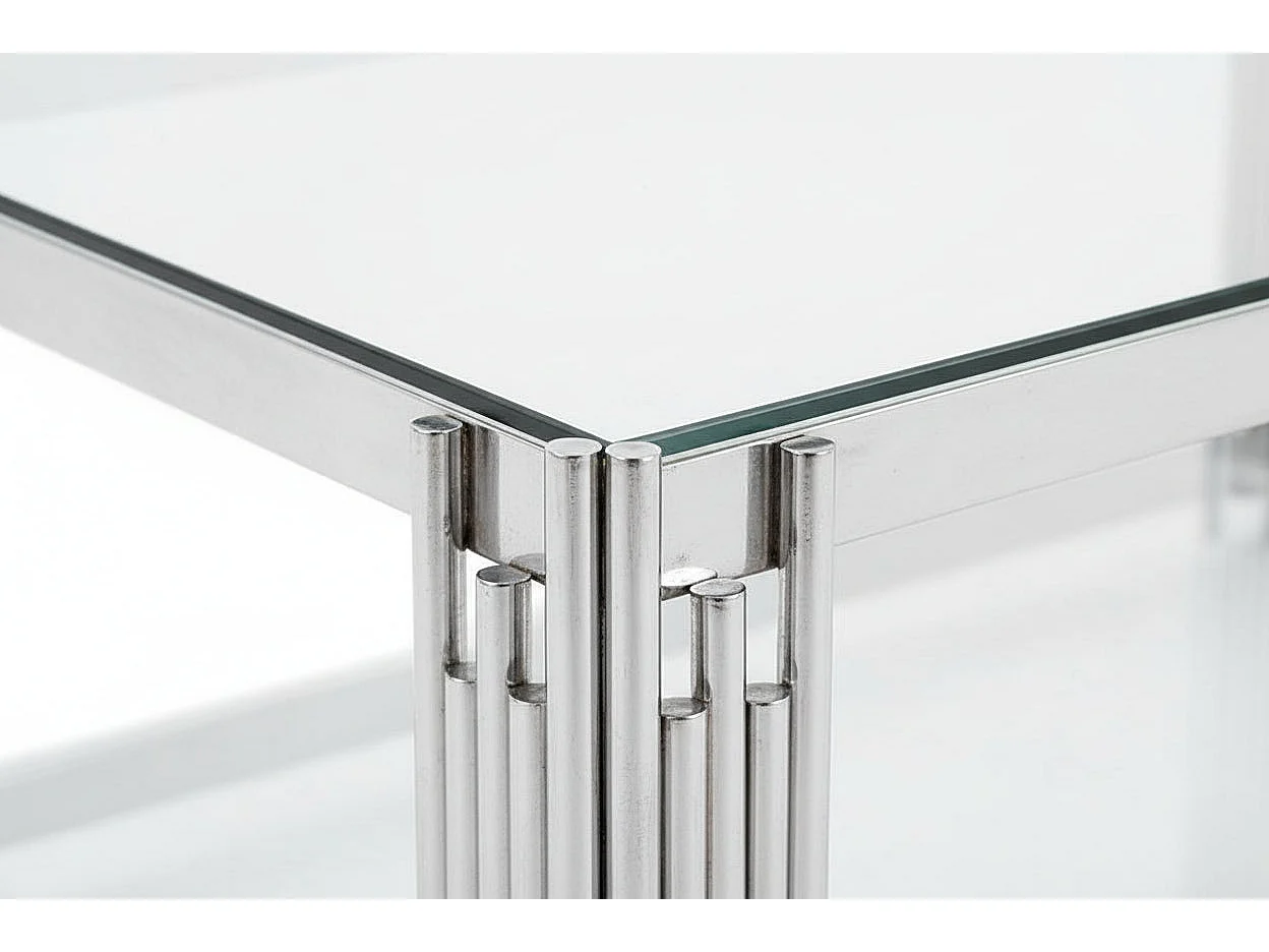 Table Basse FLUTE Rectangle Double Plateau Verre Trempé Transparent Structure Chrome 120x60x45cm