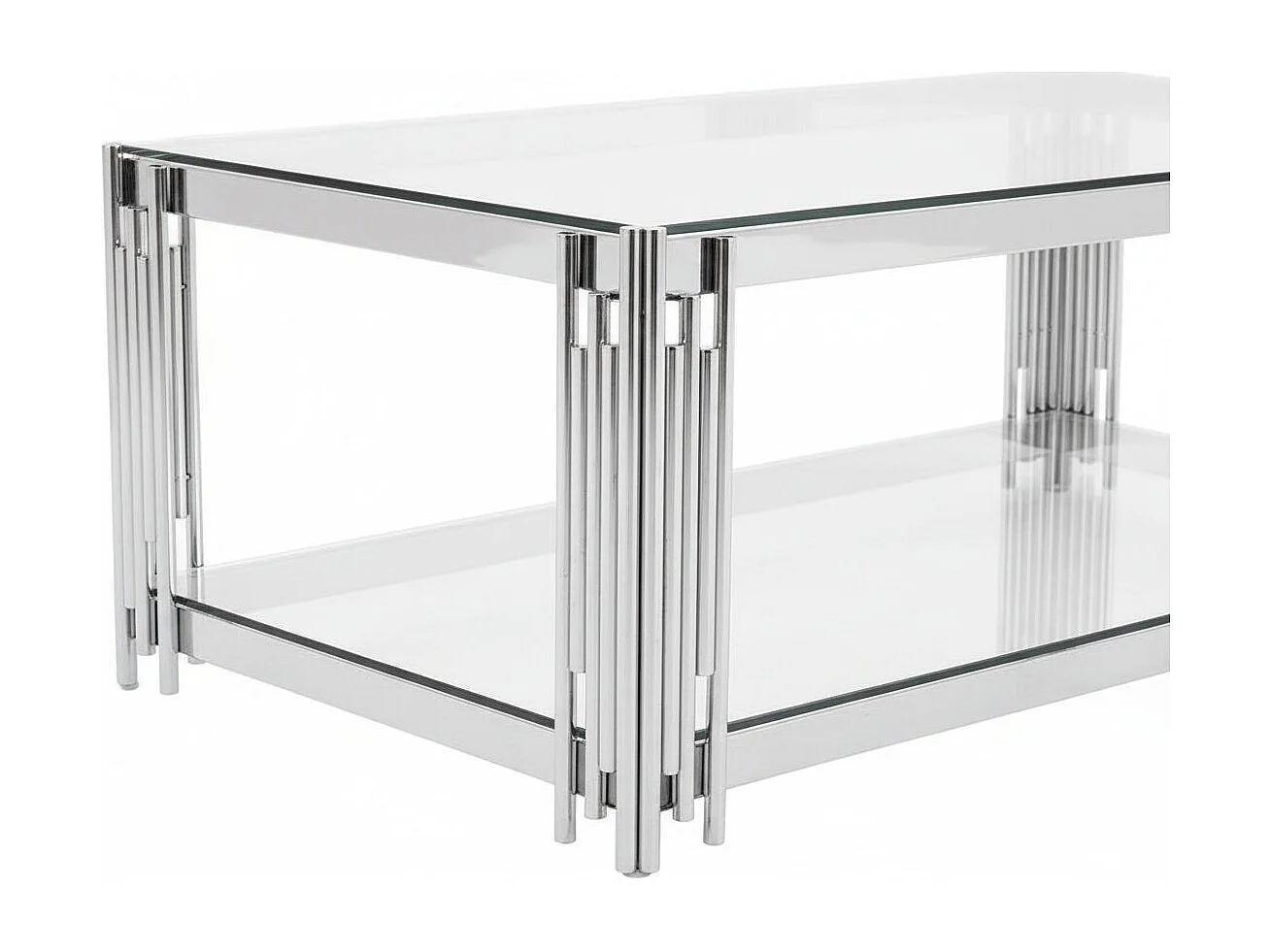 Table Basse FLUTE Rectangle Double Plateau Verre Trempé Transparent Structure Chrome 120x60x45cm