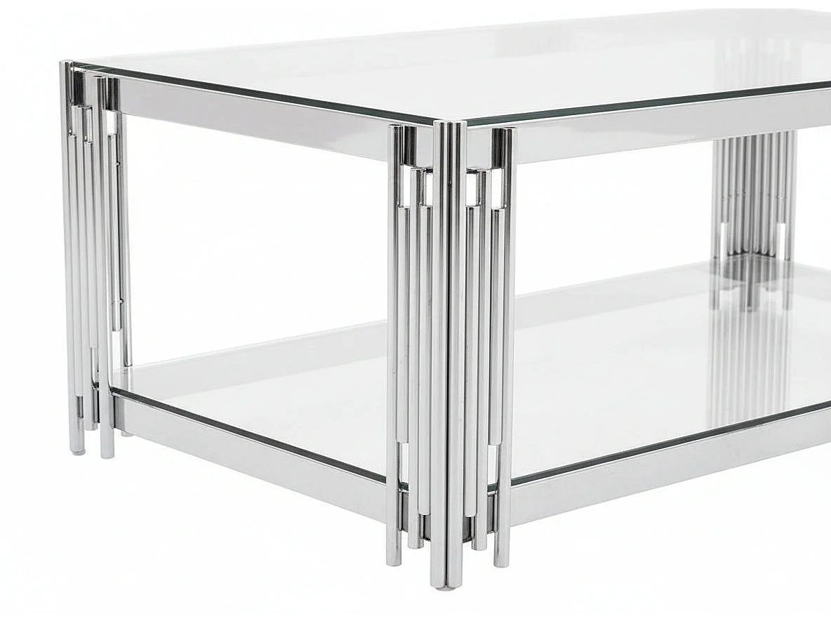 Table Basse FLUTE Rectangle Double Plateau Verre Trempé Transparent Structure Chrome 120x60x45cm