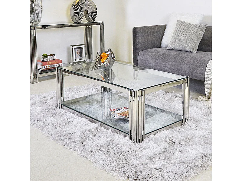 Table Basse FLUTE Rectangle Double Plateau Verre Trempé Transparent Structure Chrome 120x60x45cm
