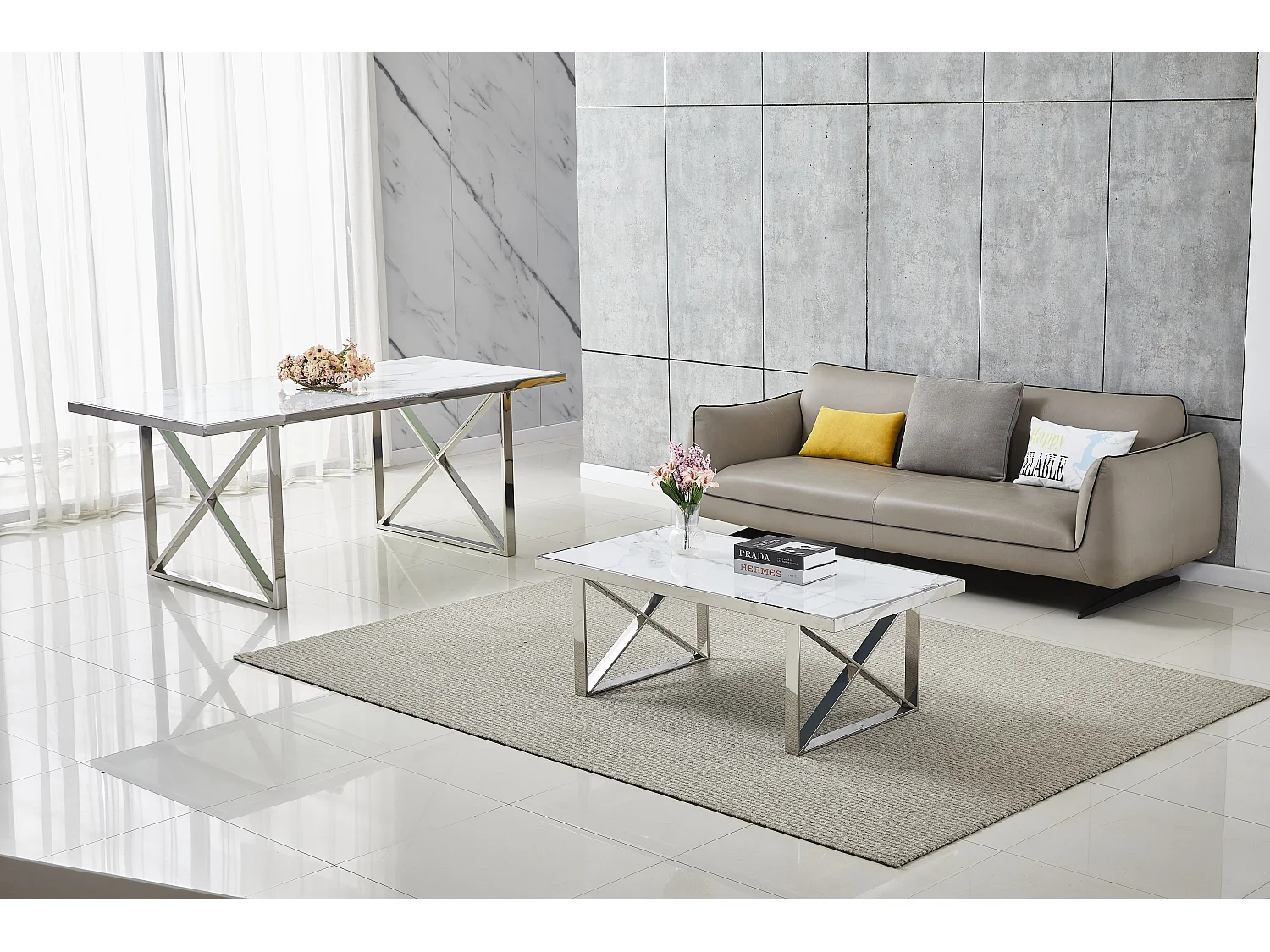 Table Basse LEVANTO – Chrome & Marbre Blanc – 120x60x45 cm