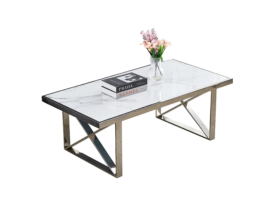 Table Basse LEVANTO – Chrome & Marbre Blanc – 120x60x45 cm