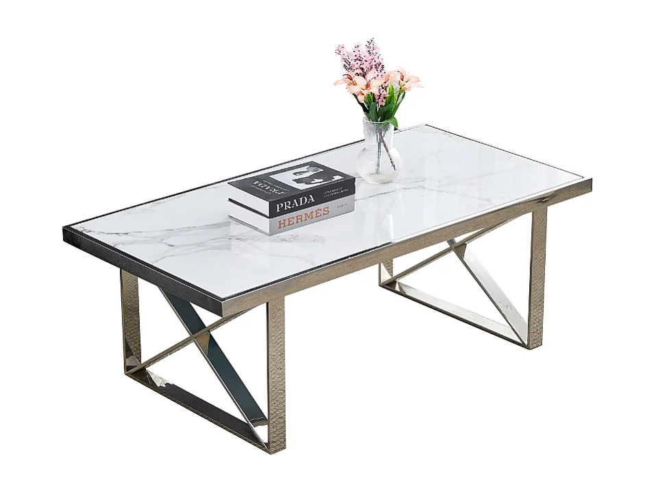 Table Basse LEVANTO – Chrome & Marbre Blanc – 120x60x45 cm