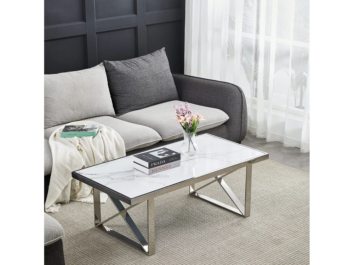 Table Basse LEVANTO – Chrome & Marbre Blanc – 120x60x45 cm