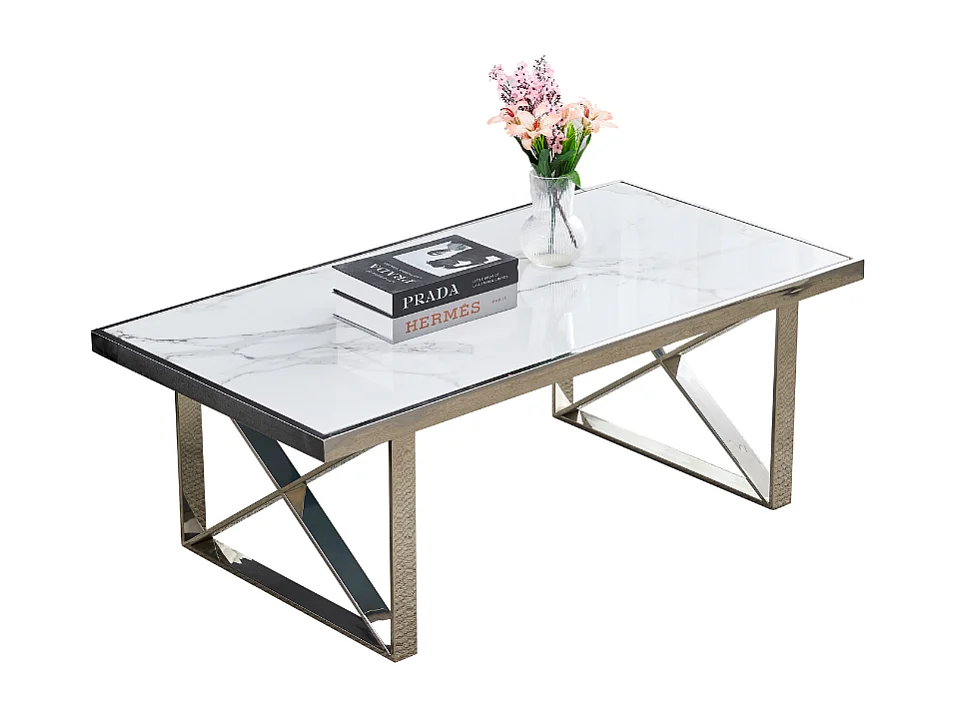 Table Basse LEVANTO – Chrome & Marbre Blanc – 120x60x45 cm