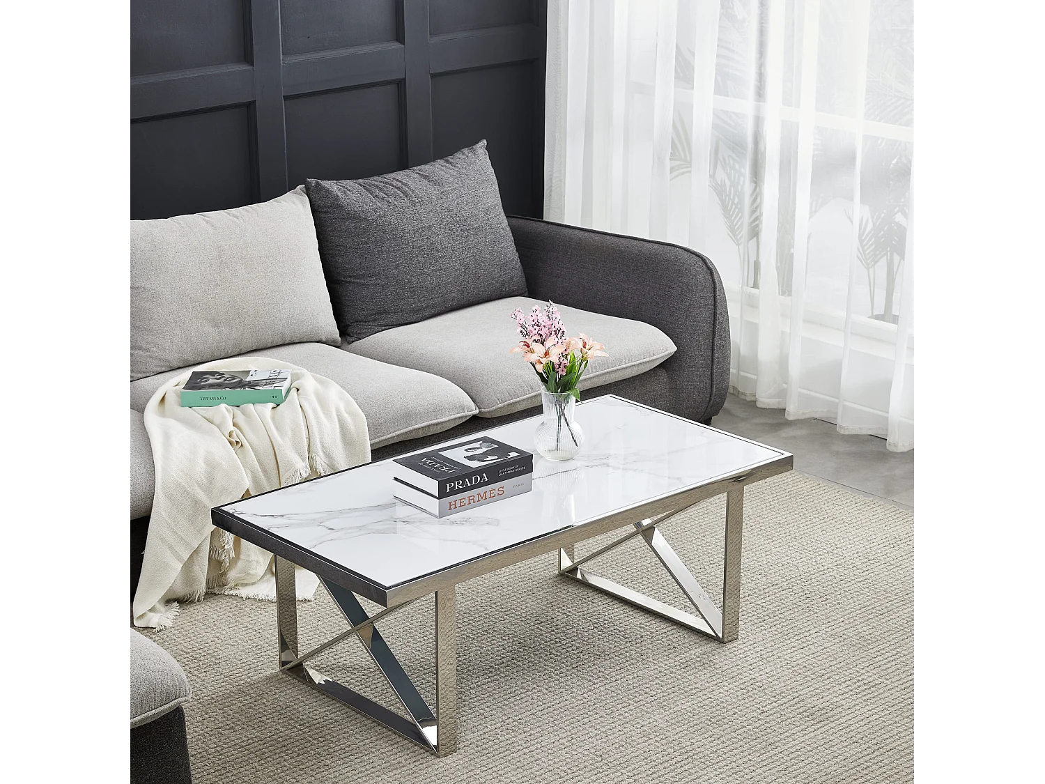 Table Basse LEVANTO – Chrome & Marbre Blanc – 120x60x45 cm