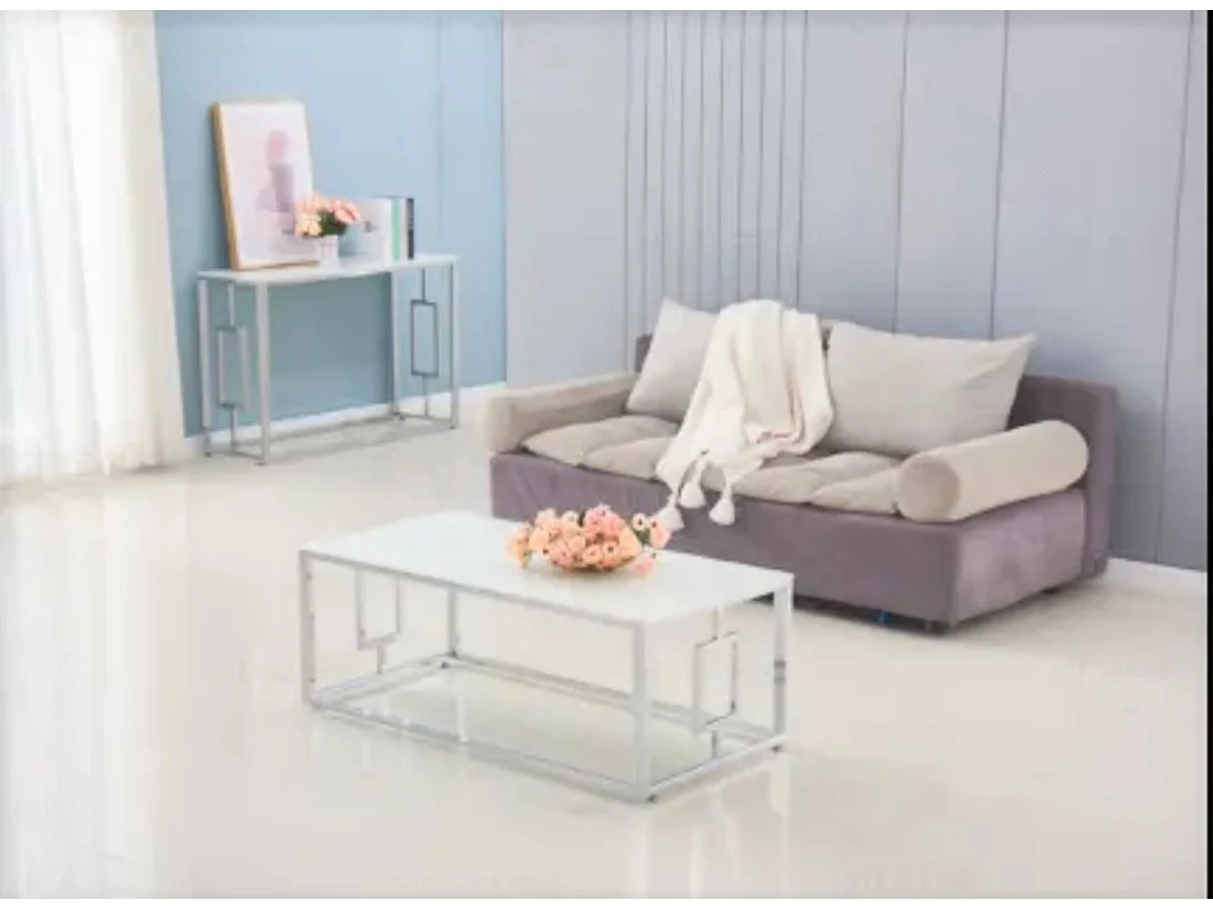 Table basse SOPHIE  pieds Chromé plateau en marbré blanc  120 cm