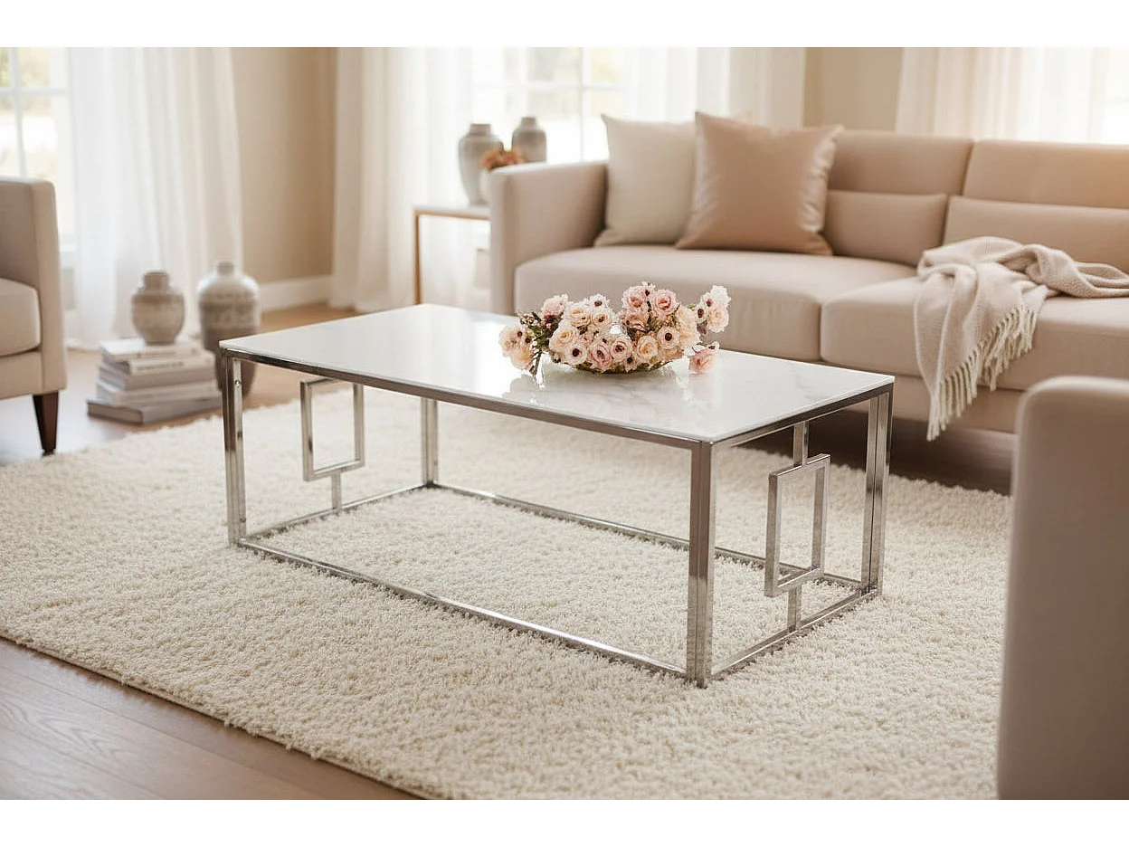 Table basse SOPHIE  pieds Chromé plateau en marbré blanc  120 cm