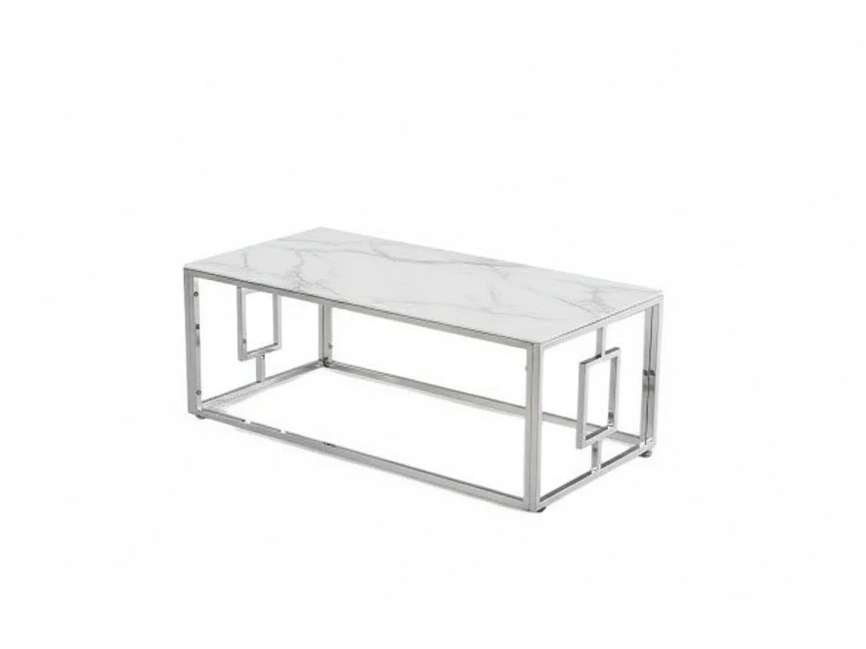 Table basse SOPHIE  pieds Chromé plateau en marbré blanc  120 cm