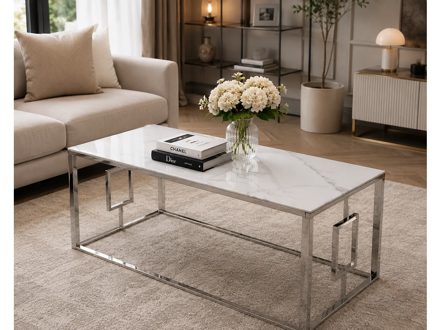 Table basse SOPHIE  pieds Chromé plateau en marbré blanc  120 cm