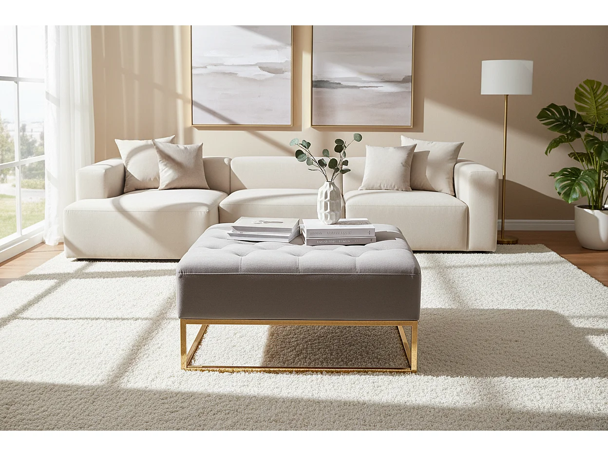 Pouf Coffre TIROIRS Carré Plateau Velours Capitonné Moka 80x80x43cm 2 Tiroirs