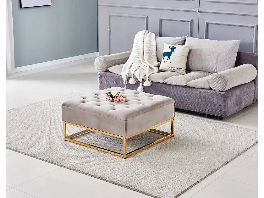 Pouf Coffre TIROIRS Carré Plateau Velours Capitonné Moka 80x80x43cm 2 Tiroirs