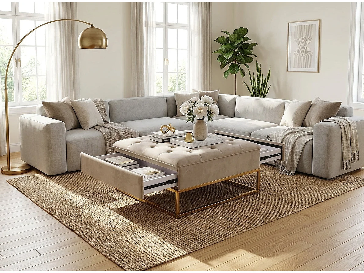 Table basse pouf velours moka 80x80 cm - CAPITONNE