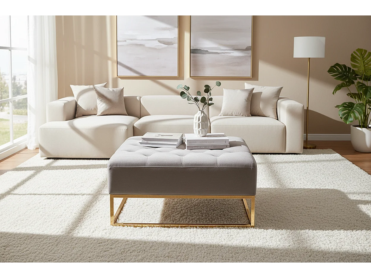 Pouf Coffre TIROIRS Carré Plateau Velour Capitonné Moka 80x80x43cm 2 Tiroir