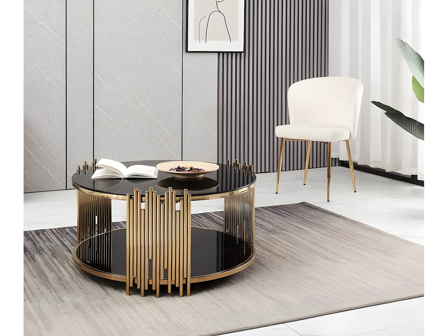 Table basse ronde stick gold verre noir  d90 h45 cm