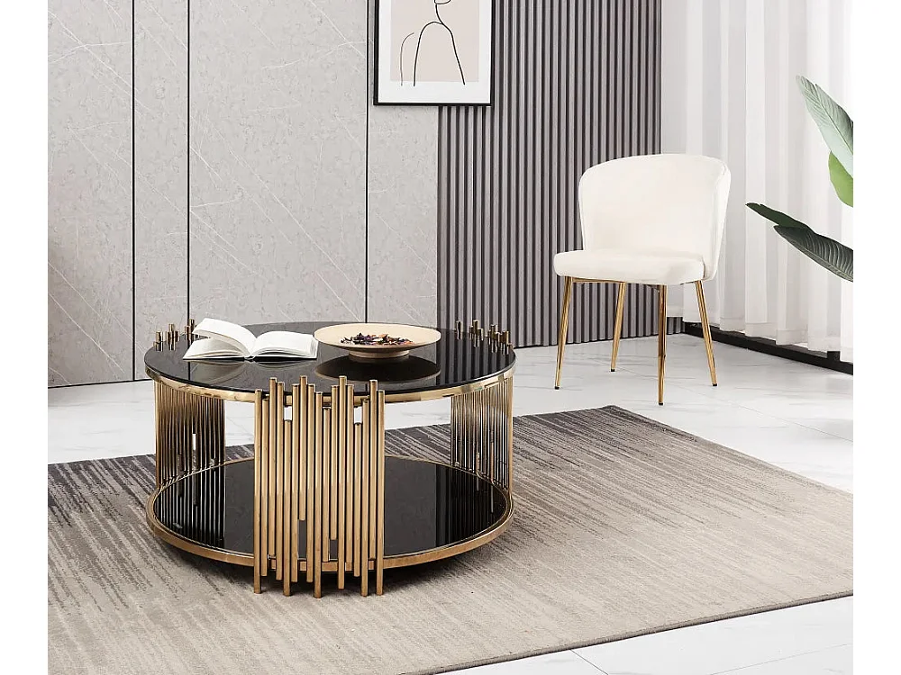 Table Basse ronde STICK Gold et plateau en verre NOIR D90 H45 cm