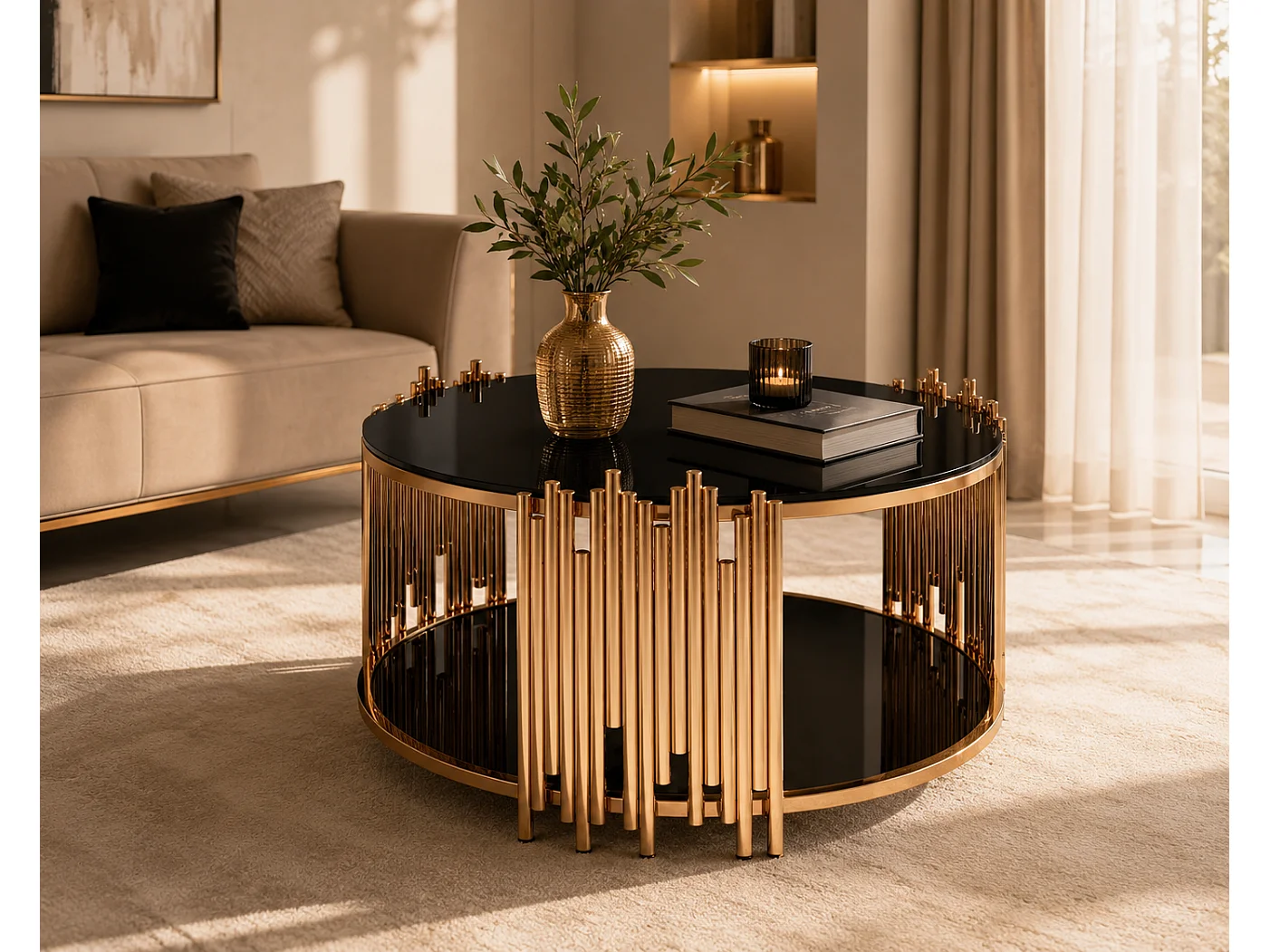 Table Basse ronde STICK Gold et plateau en verre NOIR D90 H45 cm
