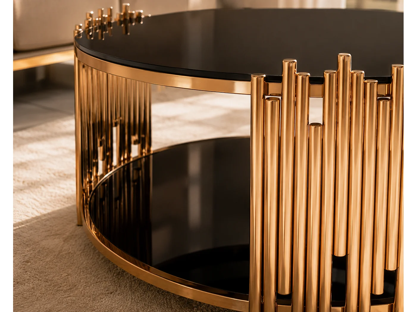 Table Basse ronde STICK Gold et plateau en verre NOIR D90 H45 cm