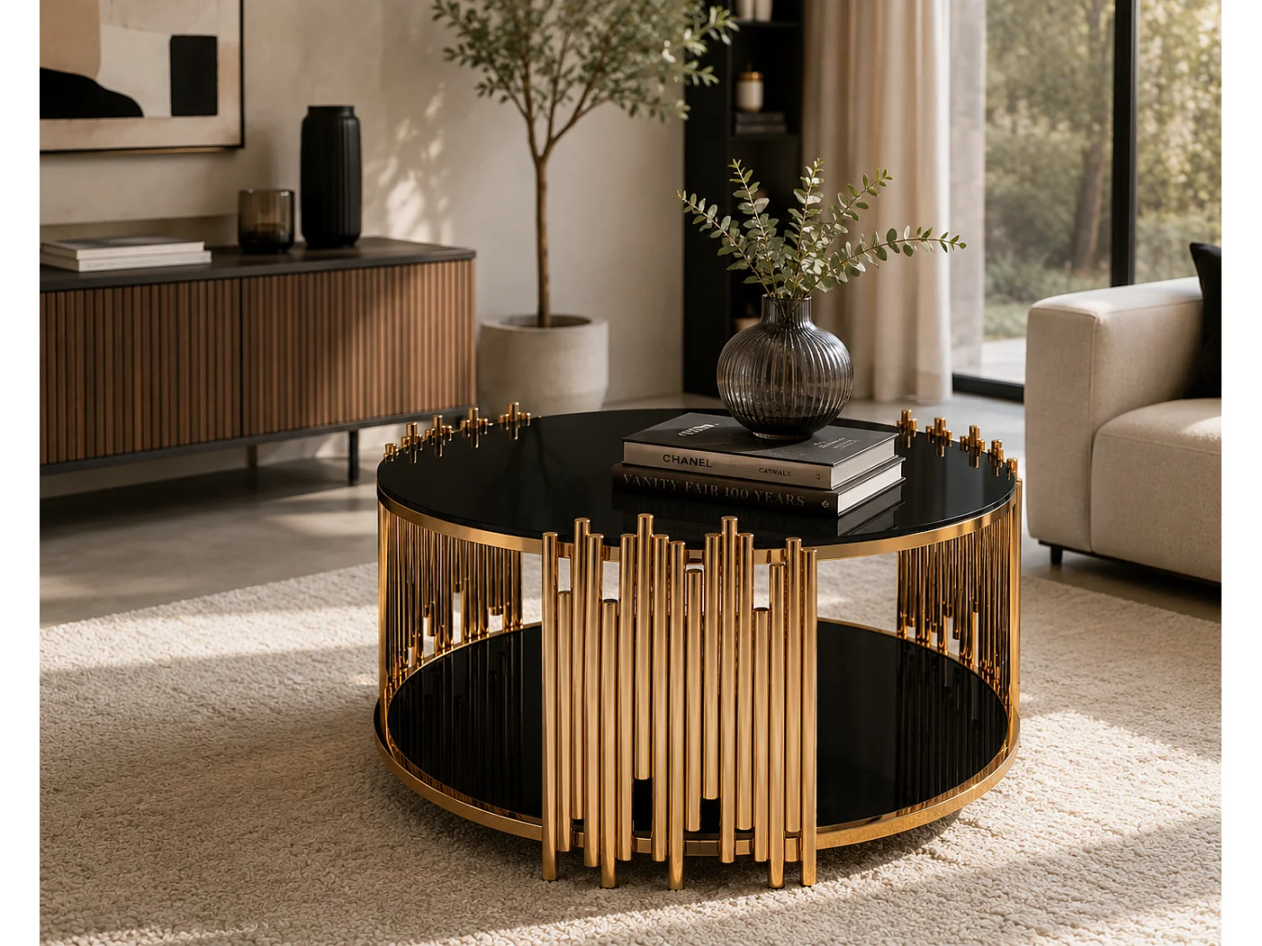 Table Basse ronde STICK Gold et plateau en verre NOIR D90 H45 cm