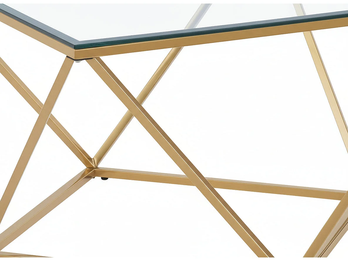 Table Basse ALINA Carrée Plateau Verre Trempé Transparent Pieds Gold 80x80x45cm