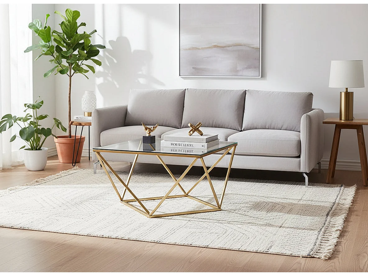 Table Basse ALINA Carrée Plateau Verre Trempé Transparent Pieds Gold 80x80x45cm