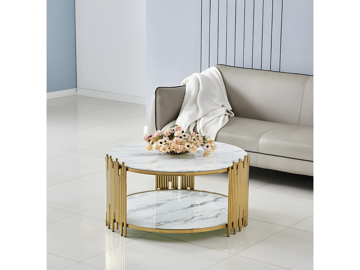 Table basse ronde stick gold verre effet marbre blanc d90 h45 cm