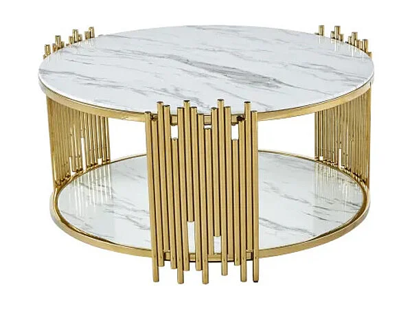 Table Basse ronde STICK Gold et plateau en verre MARBRE BLANC D90 H45 cm