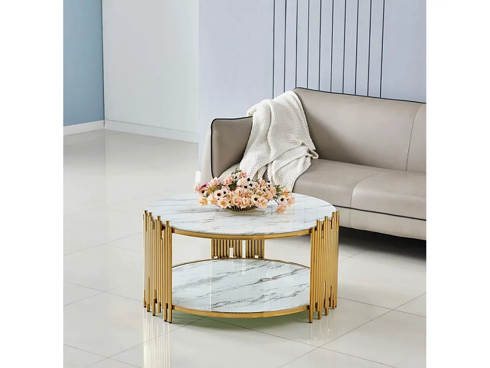 Table Basse ronde STICK Gold et plateau en verre MARBRE BLANC D90 H45 cm