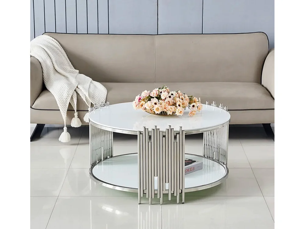 Table Basse ronde STICK Chrome et plateau en verre BLANC D90 H45 cm