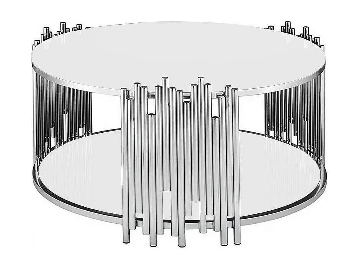 Table Basse ronde STICK Chrome et plateau en verre BLANC D90 H45 cm