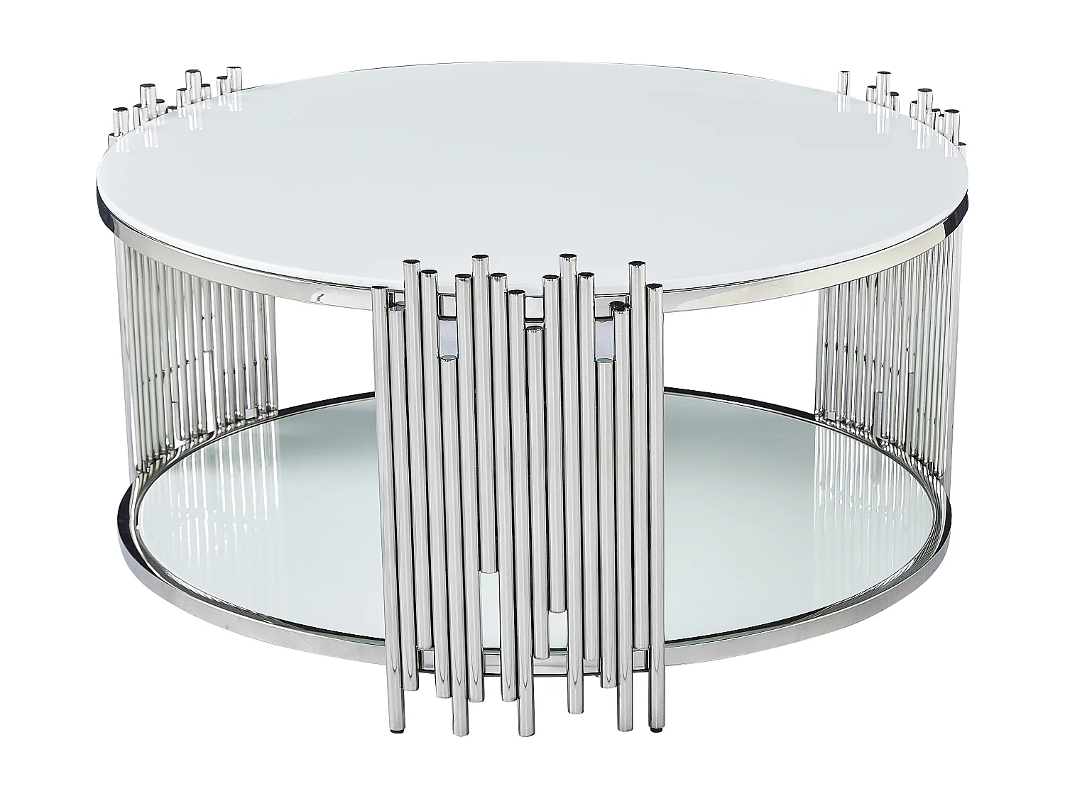 Table Basse ronde STICK Chrome et plateau en verre BLANC D90 H45 cm