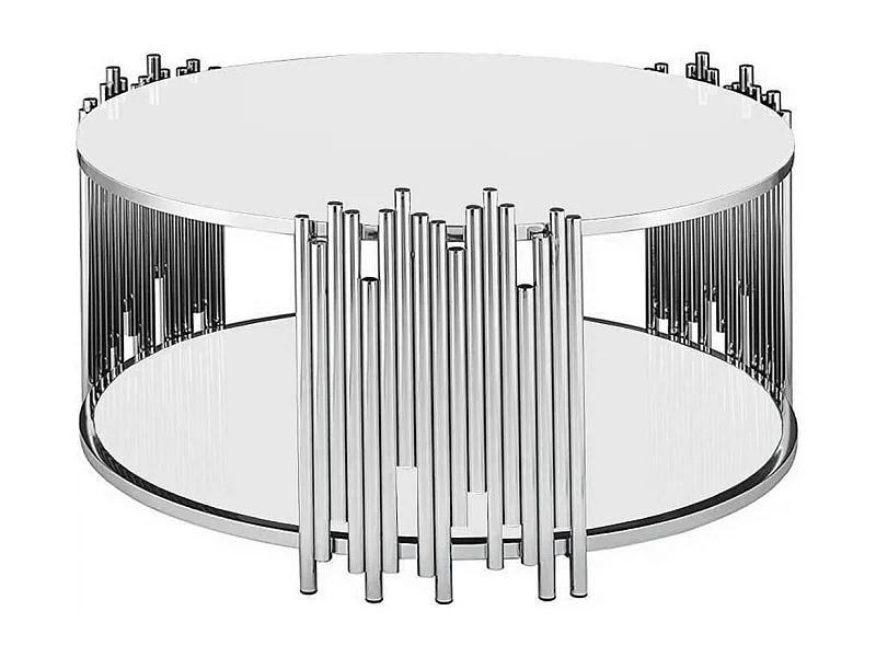 Table Basse ronde STICK Chrome et plateau en verre BLANC D90 H45 cm