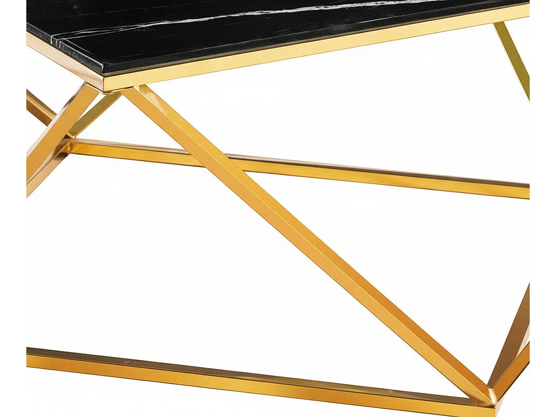 Table Basse ALINA Carrée Plateau Verre Trempé Marbré Noir Pieds Gold 80x80x45cm