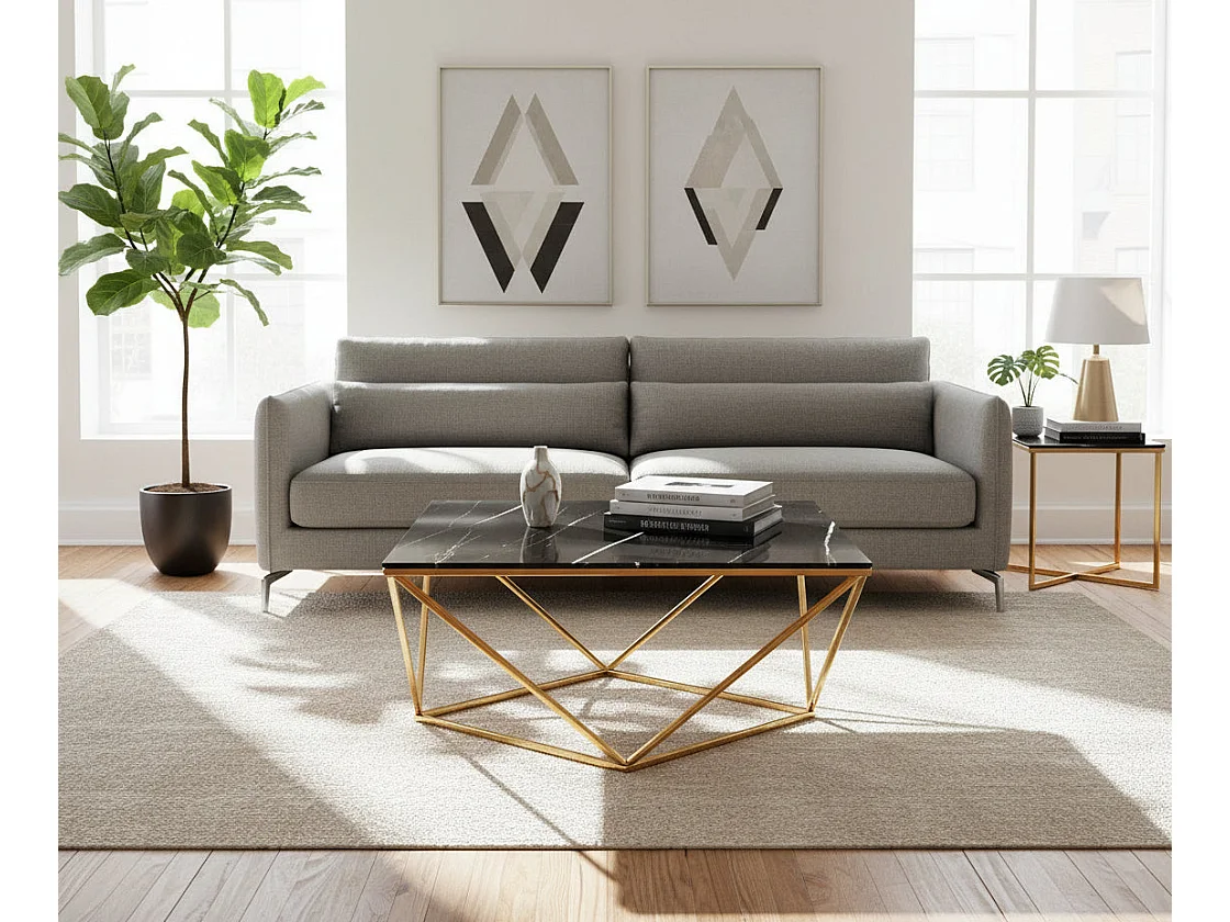 Table Basse ALINA Carrée Plateau Verre Trempé Marbré Noir Pieds Gold 80x80x45cm